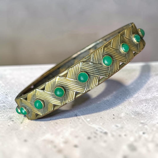 Edwardian Chrysoprase Gemstone Brass Bangle Bracelet