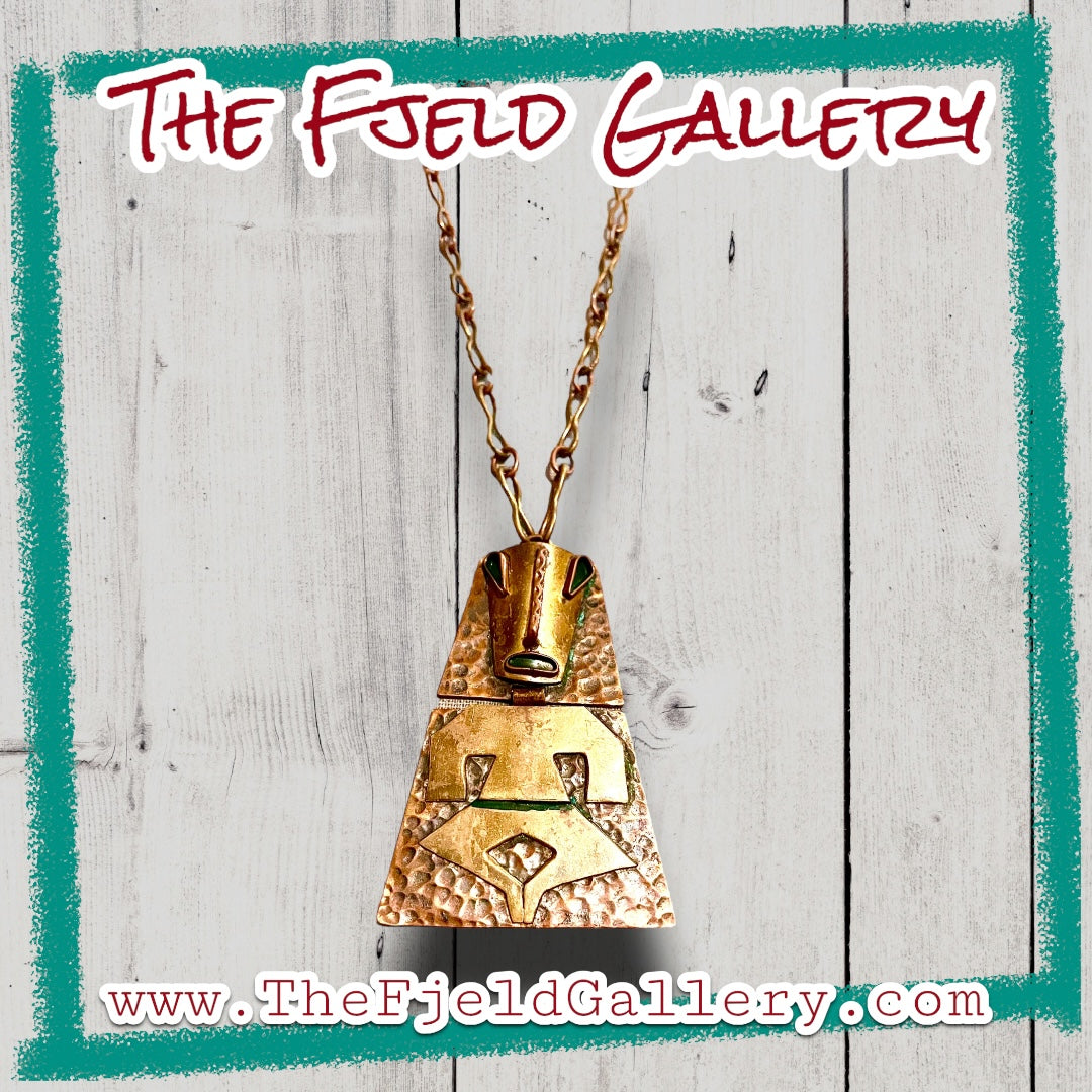 Vintage Brass & Copper Rebejas Designer Person Figural Mask Necklace