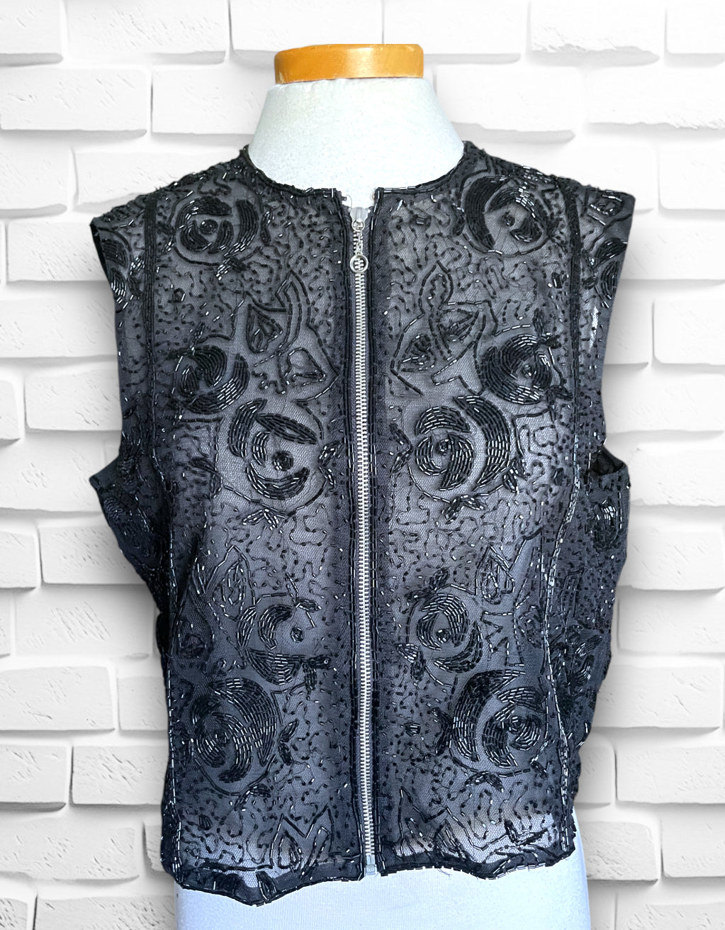 1990’s Transparent Black Floral Pattern Beaded Zip Up Front Sleeveless Blouce