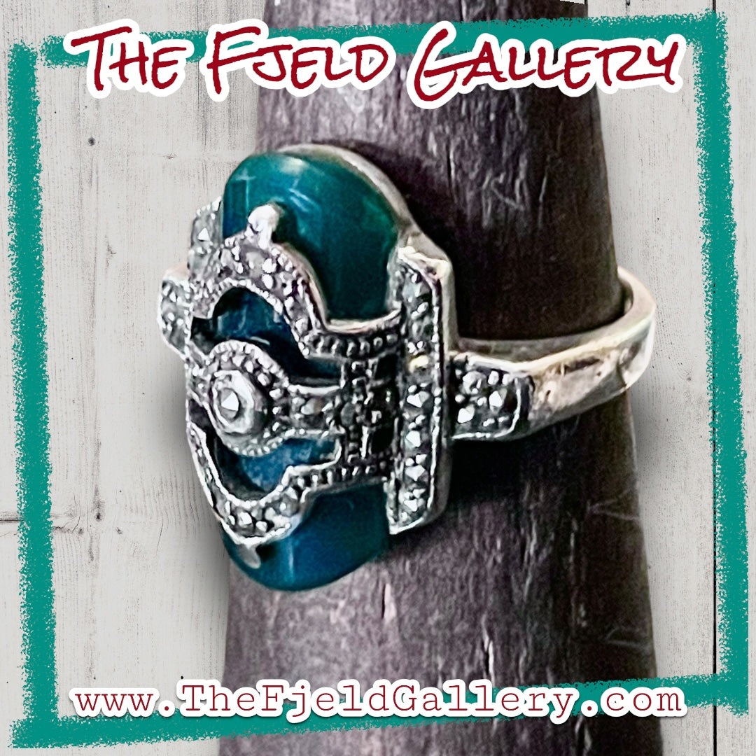 Chrysoprase Unique Art Deco Sterling Silver & Marcasite Overlay Ring