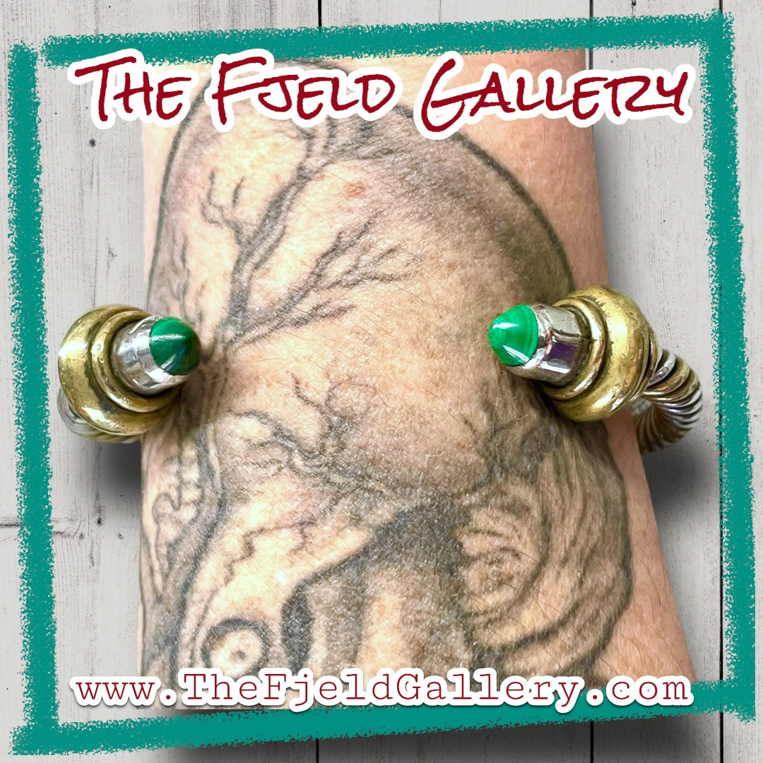 Malachite Taxco Sterling Silver & Brass Twisted Cable Cuff Bracelet