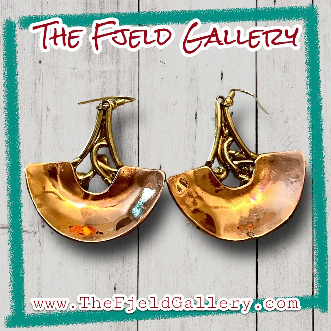 Vintage Barbaric Brutalist Arts & Crafts Copper & Brass Geometric Dangle Earrings