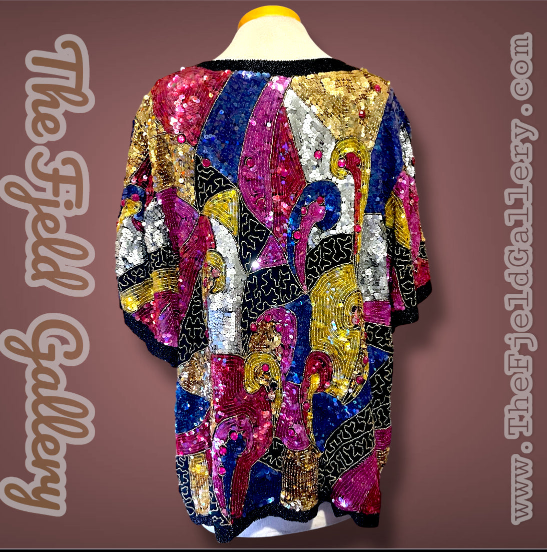 1970’s 100% Silk Sequin, Glass Seed Bead & Rhinestone Abstract Rainbow Top