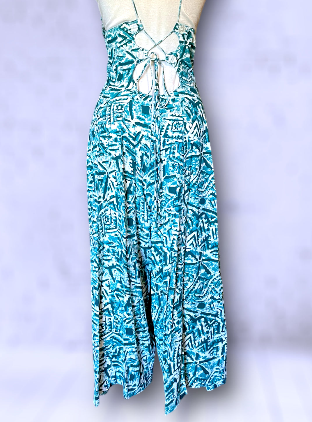 Vintage Turquoise, Teal Blue & White Patterned Low Tie Back Tank Jumpsuit
