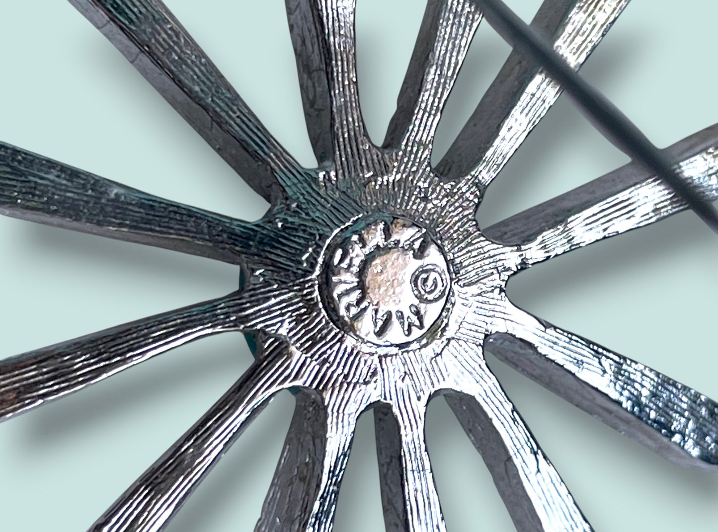 Marvella Vintage Crystal Rhinestone & Turquoise Art Glass Silver Starburst Flower Brooch