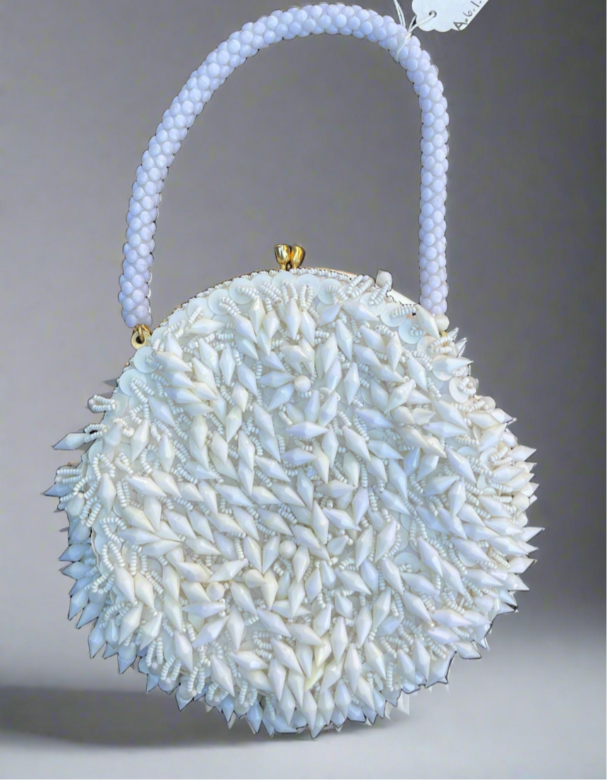 Vintage White Milk Glass Beaded Flapper Bag Purse