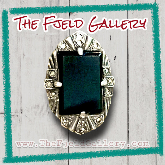 Onyx Faceted Rectangle Prong Set Art Deco Sterling Silver Marcasite Ring