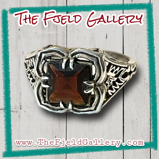 Smokey Topaz Square Gemstone Victorian Sterling Silver Filigree Ring