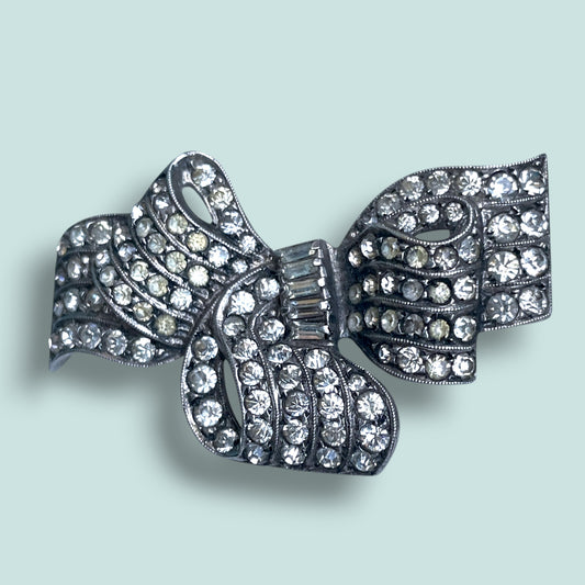 Art Deco ‘OTIS’ Sterling Silver & Crystal Rhinestone Bow Shaped Brooch