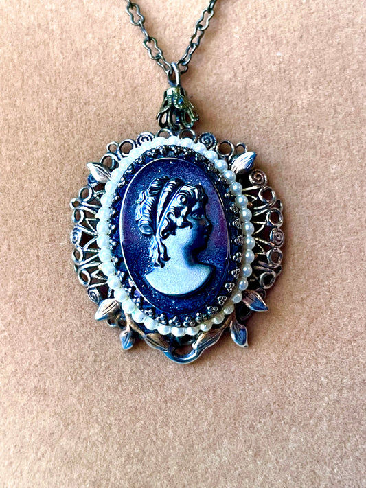 West German Brass Filigree Small Black Mirror Art Glass Hematite Cameo & Pearl Necklace