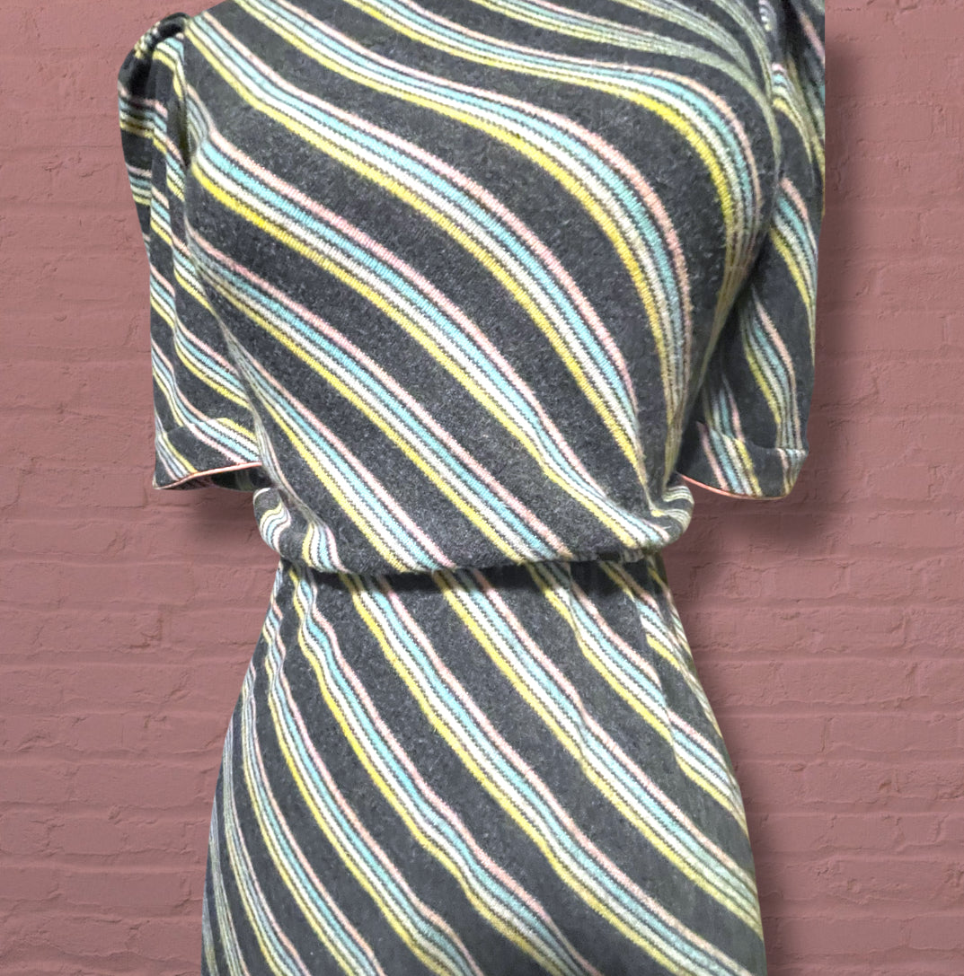 Vintage 1980’s Knit Grey & Pastel Pink, Blue, & Yellow Striped Dress
