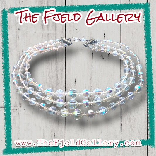 1950’s Hollywood Regency Aurora Borealis Crystal 3 Strand Necklace & Earring Set