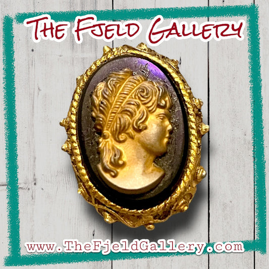 Victorian Black & Gold Art Glass Modes Cameo Brass Brooch & Necklace Clasp