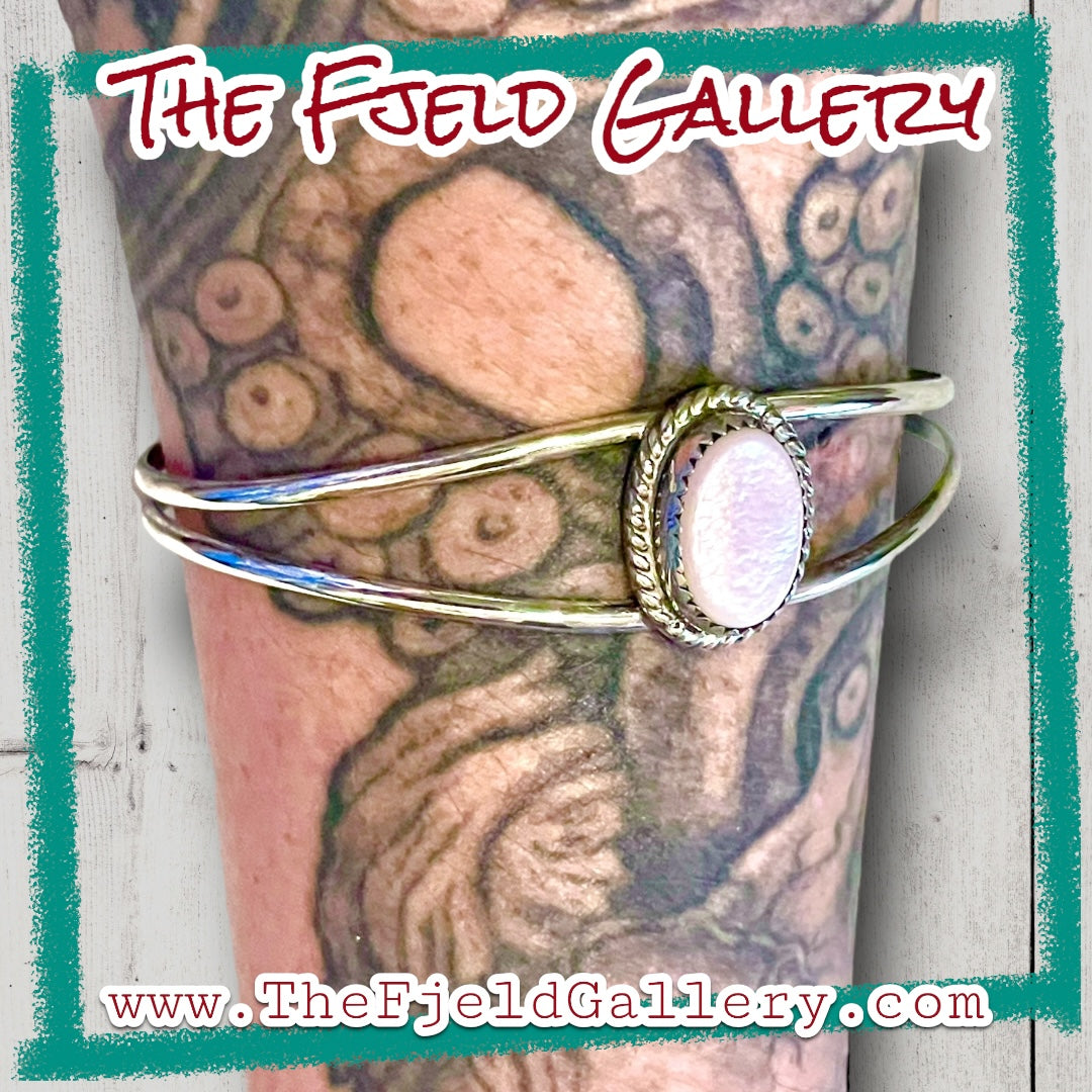 Pink Mother of Pearl Vintage Sterling Silver Native American Cuff Bracelet