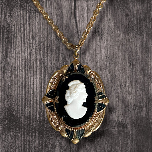 Antique Victorian Black & White Art Glass Mourning Cameo Gilded Brass Locket Necklace