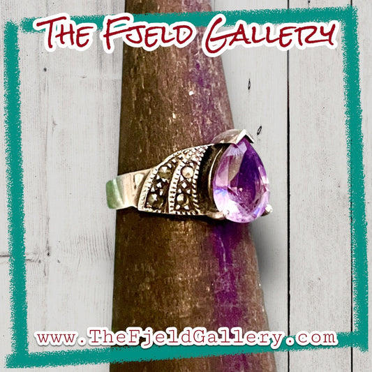 Amethyst Art Deco Teardrop Marcasite Sterling Silver Ring