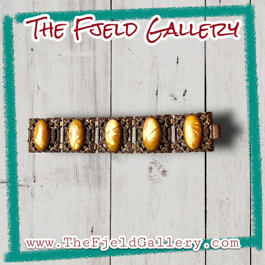 Brass Flower Stamped Czech Marbled Yellow Lucite Panel Bracelet