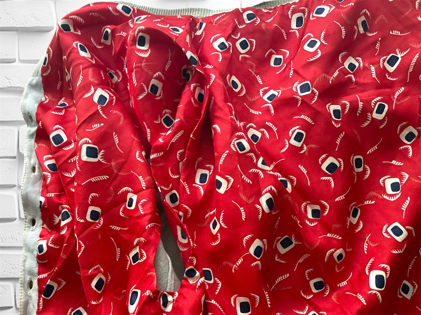 Gorgeous Vintage Seed Beaded Flower Design Grey Cardigan Sweater with Crystal Buttons & Red Silk Accent Lining