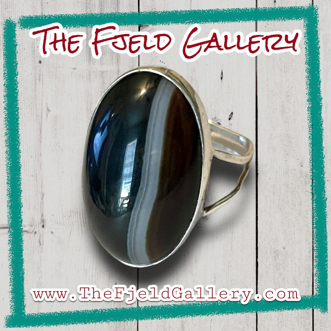 Black & White Botswana Agate Gemstone Sterling Ring