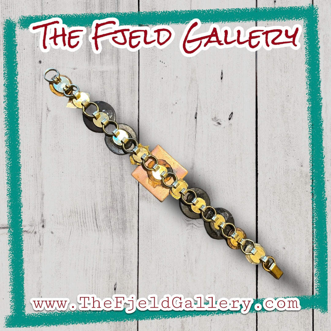 Unique Enamel Copper Link Vintage Bracelet Black, White & Lime Green Chartreuse
