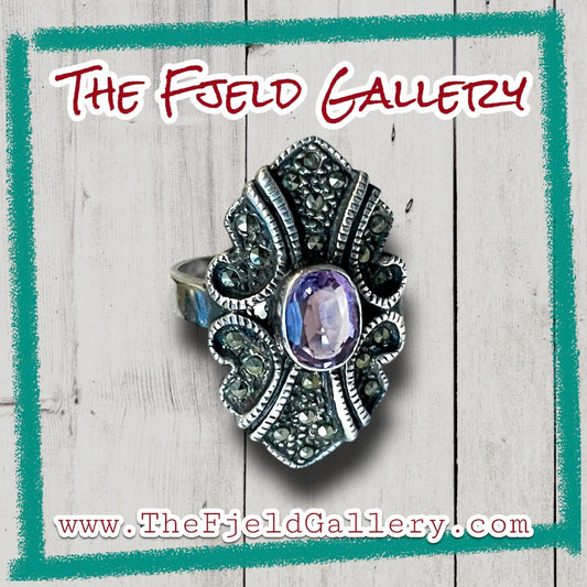 Amethyst Art Deco Sterling Silver & Marcasite Ring