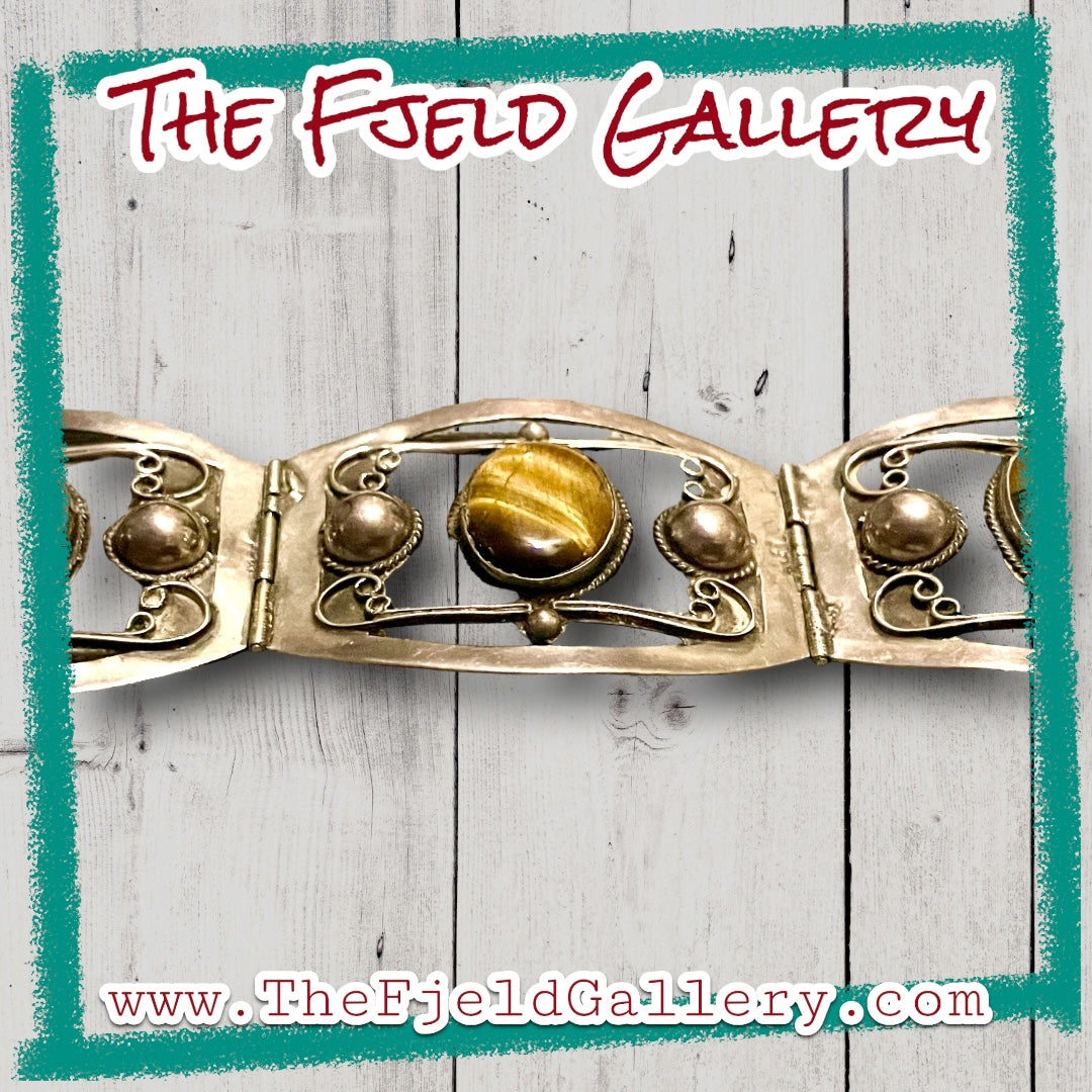 Vintage 1960 Tigers Eye Gemstone Sterling Silver Mexican Panel Bracelet