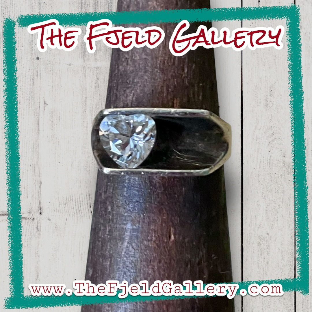 Modernist Zircon Faceted Heart Set in Double Wall Sterling Silver Setting Ring