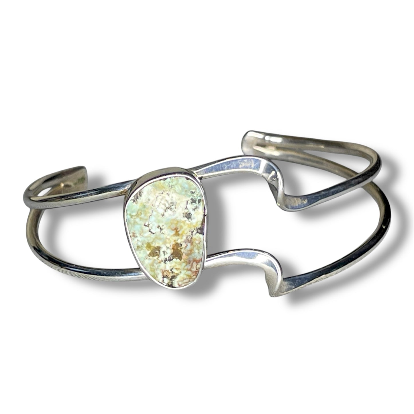Abstract Offset Buffalo Light White Turquoise Sterling Silver Cuff Bracelet