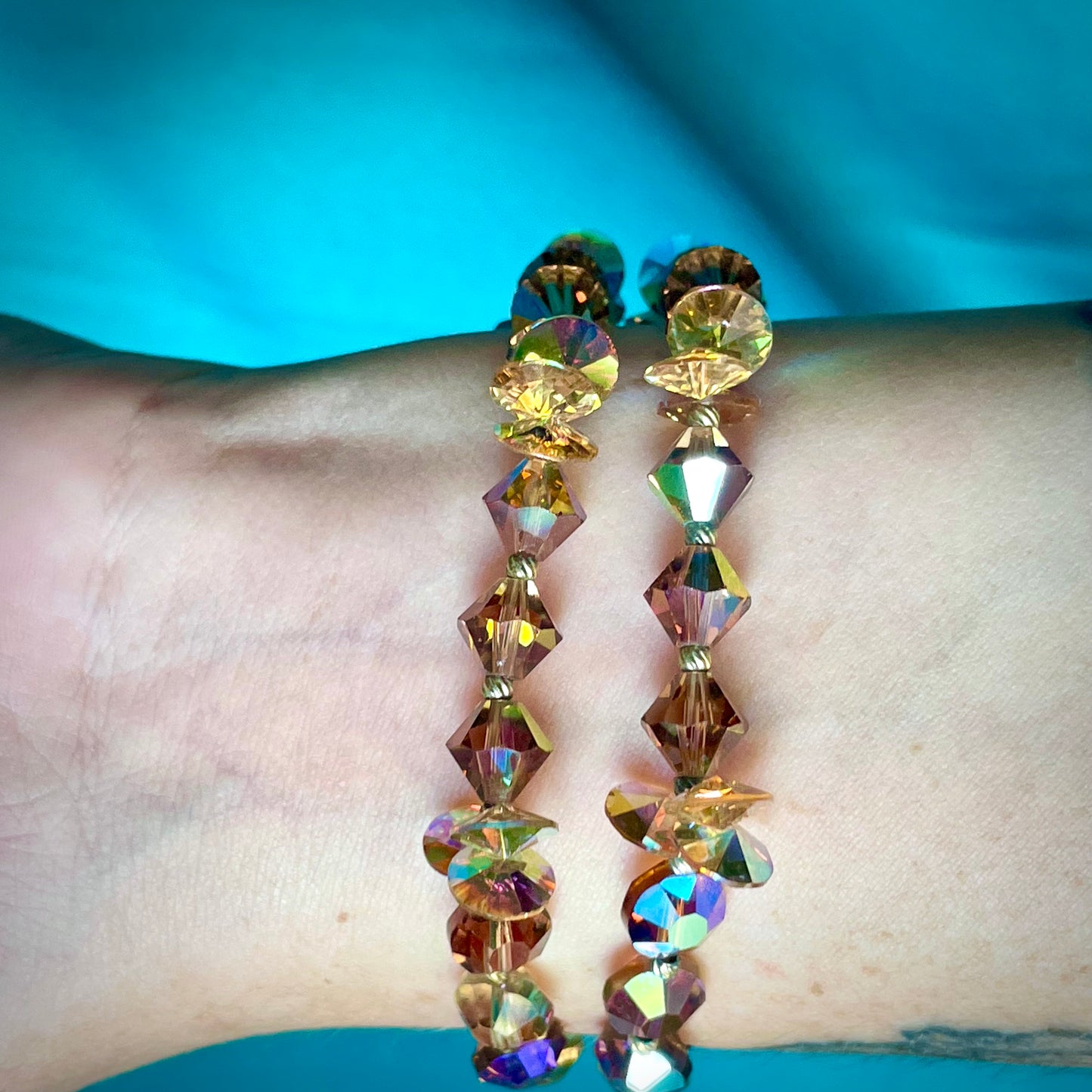 Aurora Borealis Champagne Austrian Crystal Double Strand Necklace & Bracelet Demi Parure