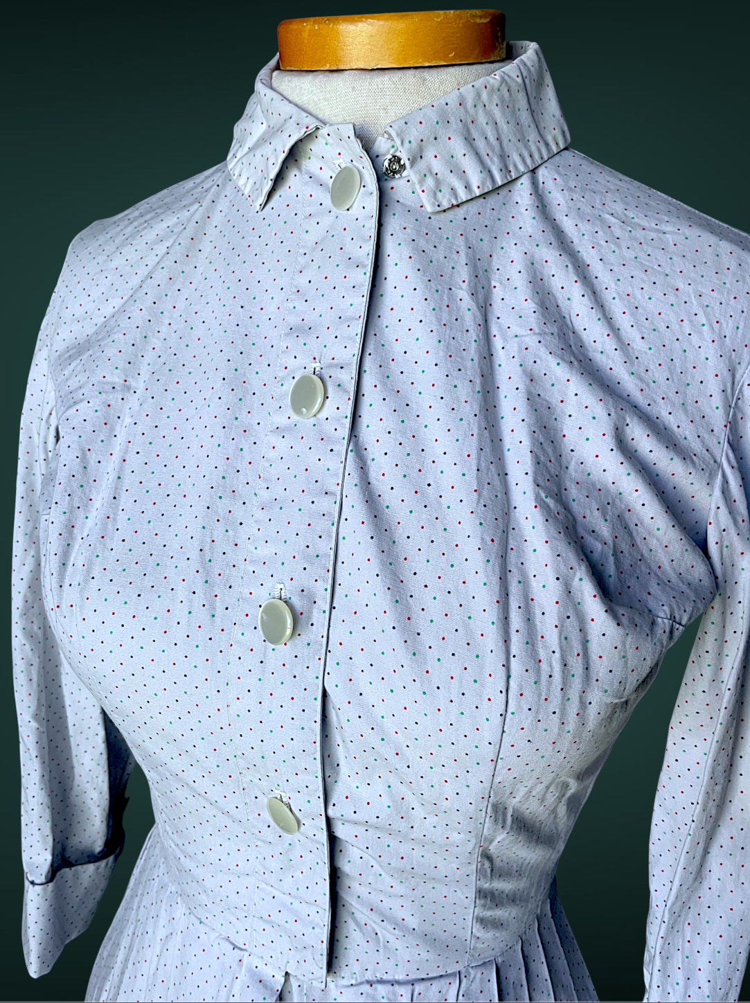 1960 A-Line Red, Blue & Green Polka Dot Button up Shirt Full Skirt Pocket Dress