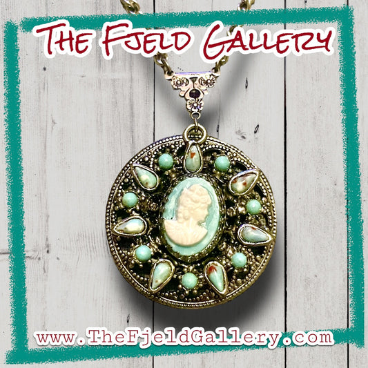 Turquoise Blue Hubble Glass Cameo Silver Filigree Necklace