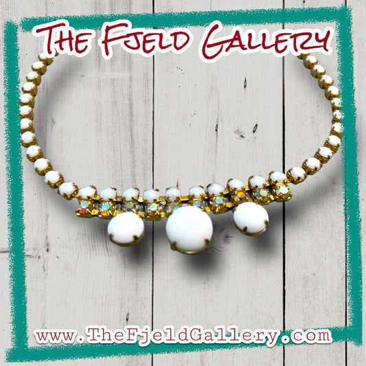 Vintage Milk Glass & Aurora Borealis (AB) Crystal Rhinestone Choker Necklace
