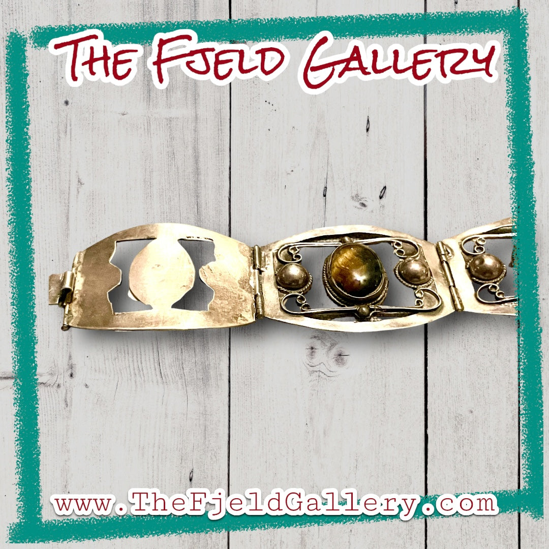Vintage 1960 Tigers Eye Gemstone Sterling Silver Mexican Panel Bracelet