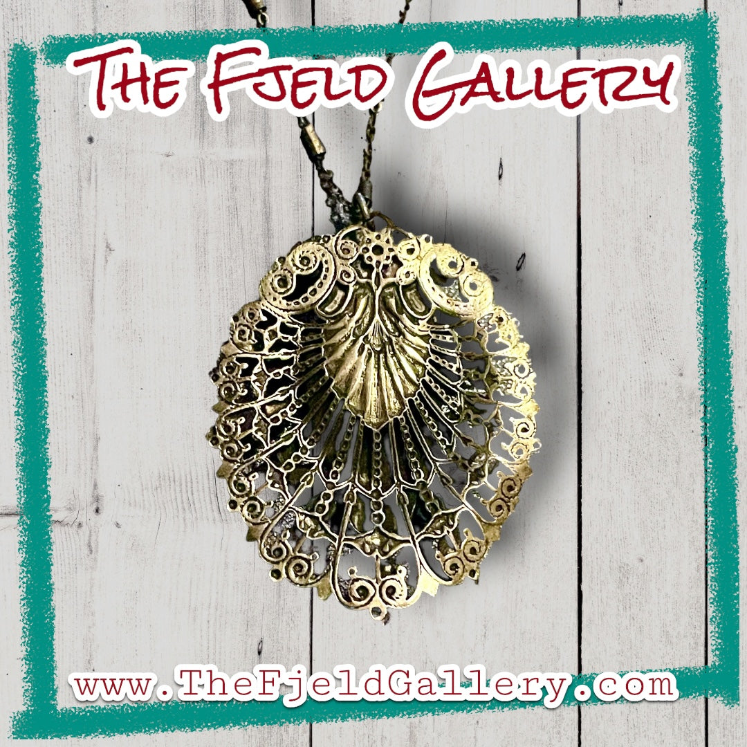 Czechoslovakian Blue Hubble Art Glass & Enamel Brass Filigree Necklace