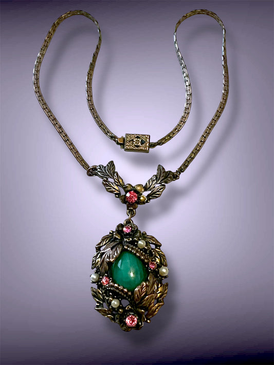 Art Nouveau Brass Green Jade Peking Art Glass Pink Crystal & Pearl Pendant Necklace
