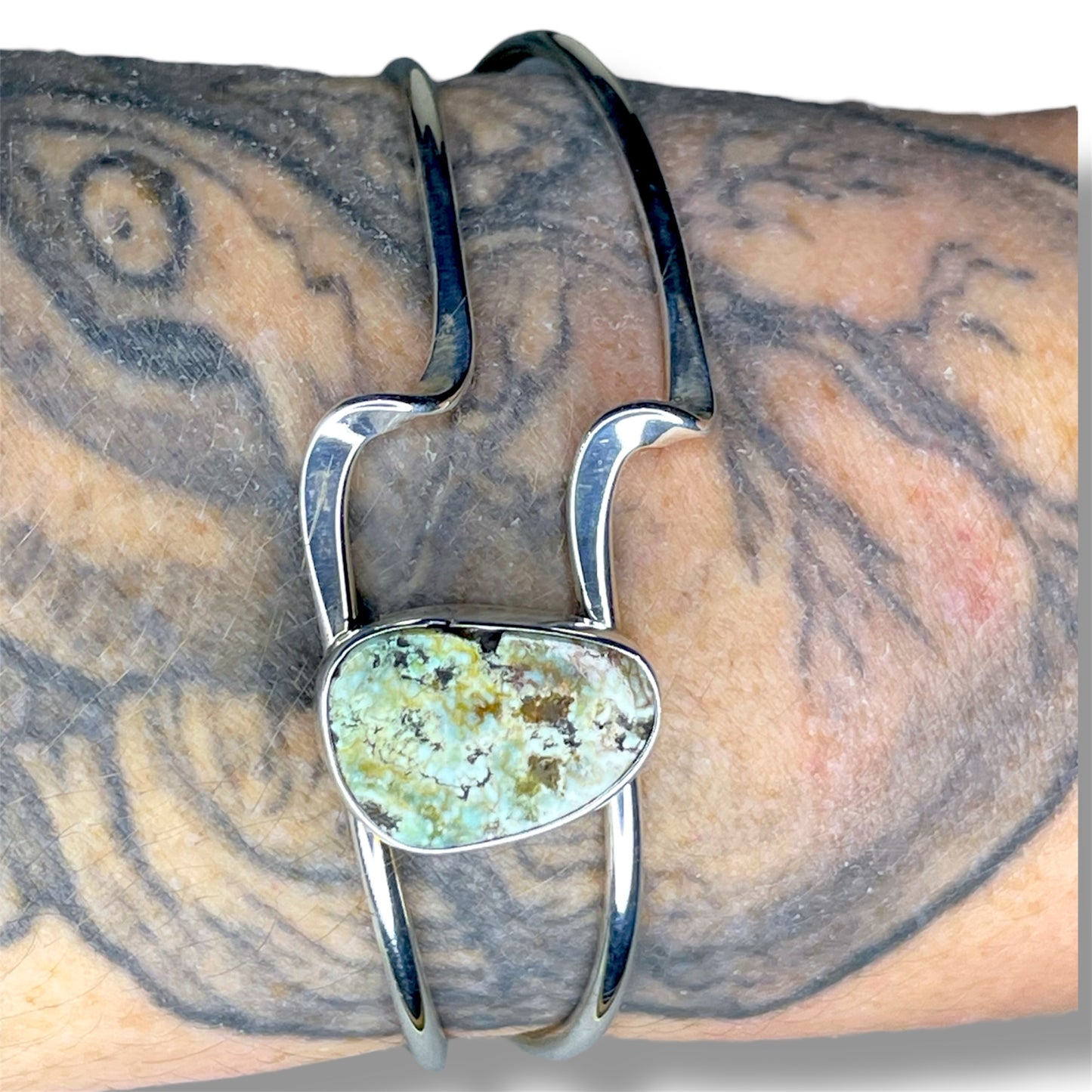 Abstract Offset Buffalo Light White Turquoise Sterling Silver Cuff Bracelet