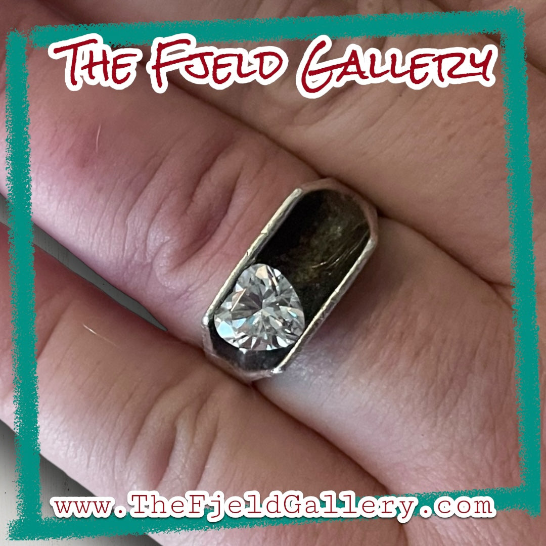 Modernist Zircon Faceted Heart Set in Double Wall Sterling Silver Setting Ring
