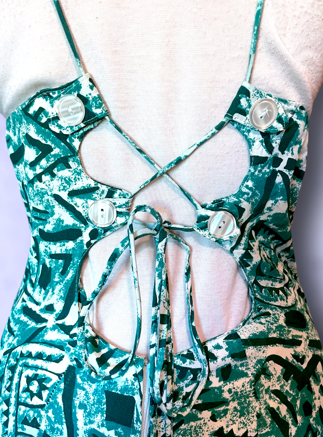 Vintage Turquoise, Teal Blue & White Patterned Low Tie Back Tank Jumpsuit