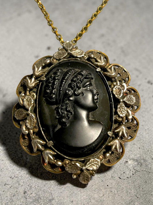 Gothic Czech Brass Filigree Black Jet Glass Mourning Cameo Silver Garland Pendant Necklace