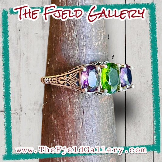 Amethyst & Peridot Sterling Silver Victorian Filigree 3 Stone Ring