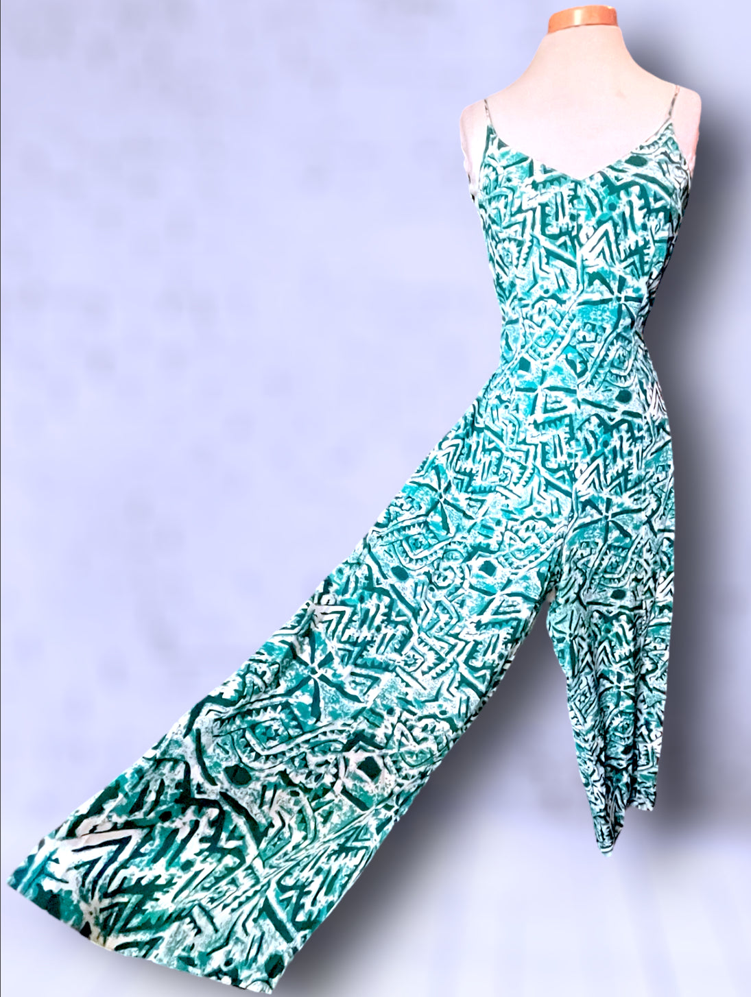 Vintage Turquoise, Teal Blue & White Patterned Low Tie Back Tank Jumpsuit