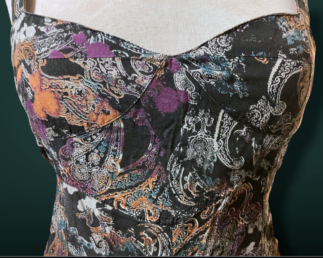 1990’s Black & White Paisley Print w Purple, Teal & Rust Bleach Splash Sundress