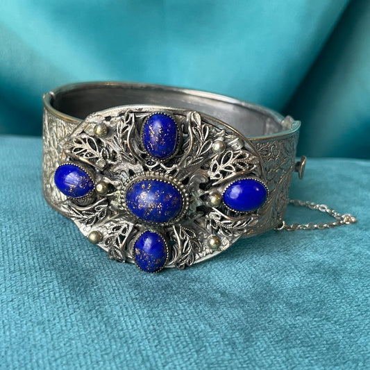 Silver Filigree Lapis Blue Gold Foil Glitter Art Glass Flower Engraved Hinged Bangle Bracelet