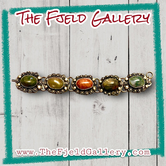 Vintage Sterling Silver Multi Gemstone Agate & Jasper Gemstone Panel Bracelet