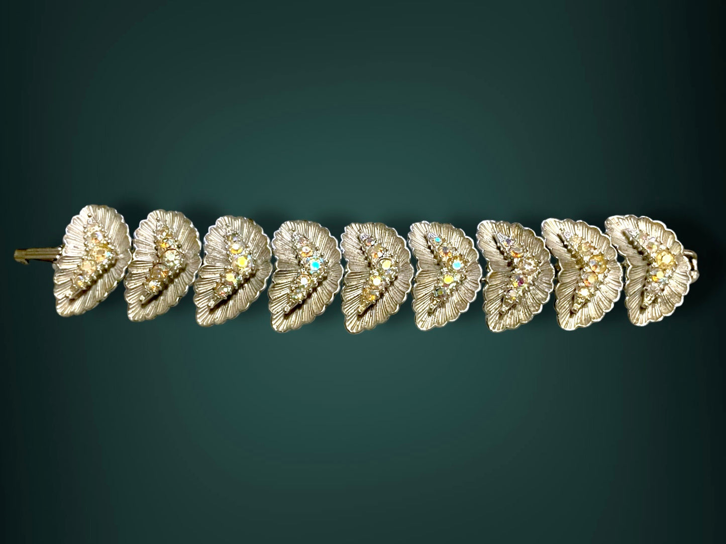 1940’s BSK Aurora Borealis Crystal Hollywood Regency Mid Century Silver Bracelet