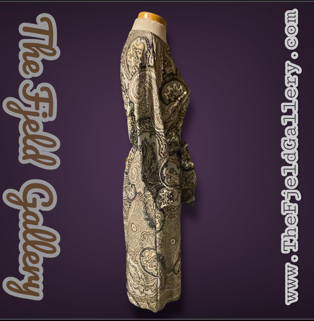 1970’s Brown, Gray, Black & White Paisley Pattern Bat Wing Belted Sheath Dress