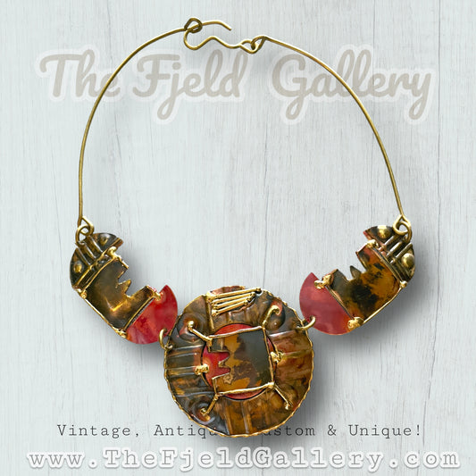Vintage Arts & Crafts 1940’s Brass Tribal Chest Plate Necklace