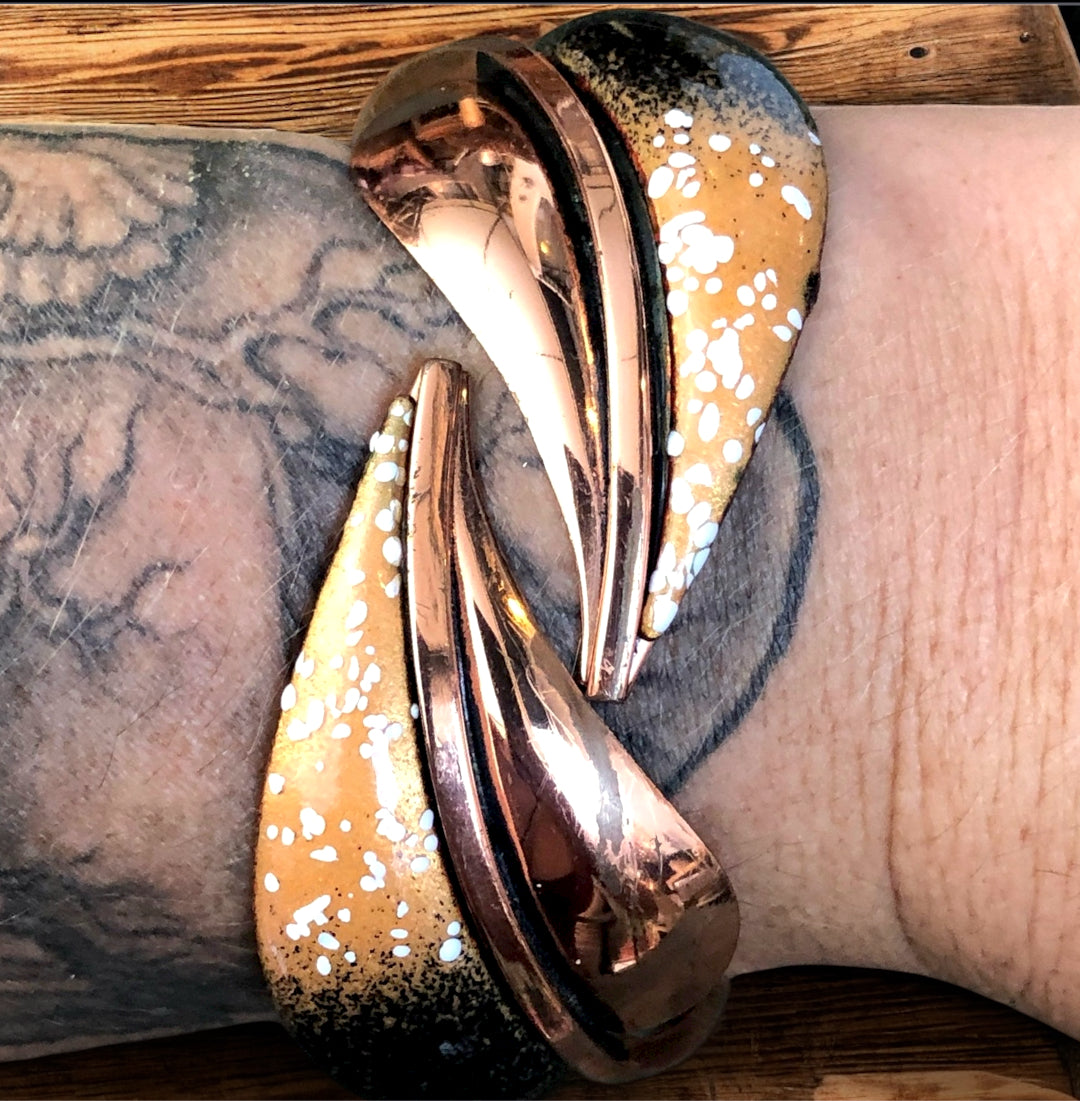 1940’s Vintage Renoir Matisse Copper & Enamel Leaf Bypass Clamper Bangle Bracelet