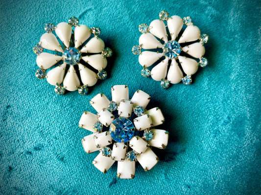Milk Glass & Blue Topaz Crystal Prong Set Brooch & Earrings Set