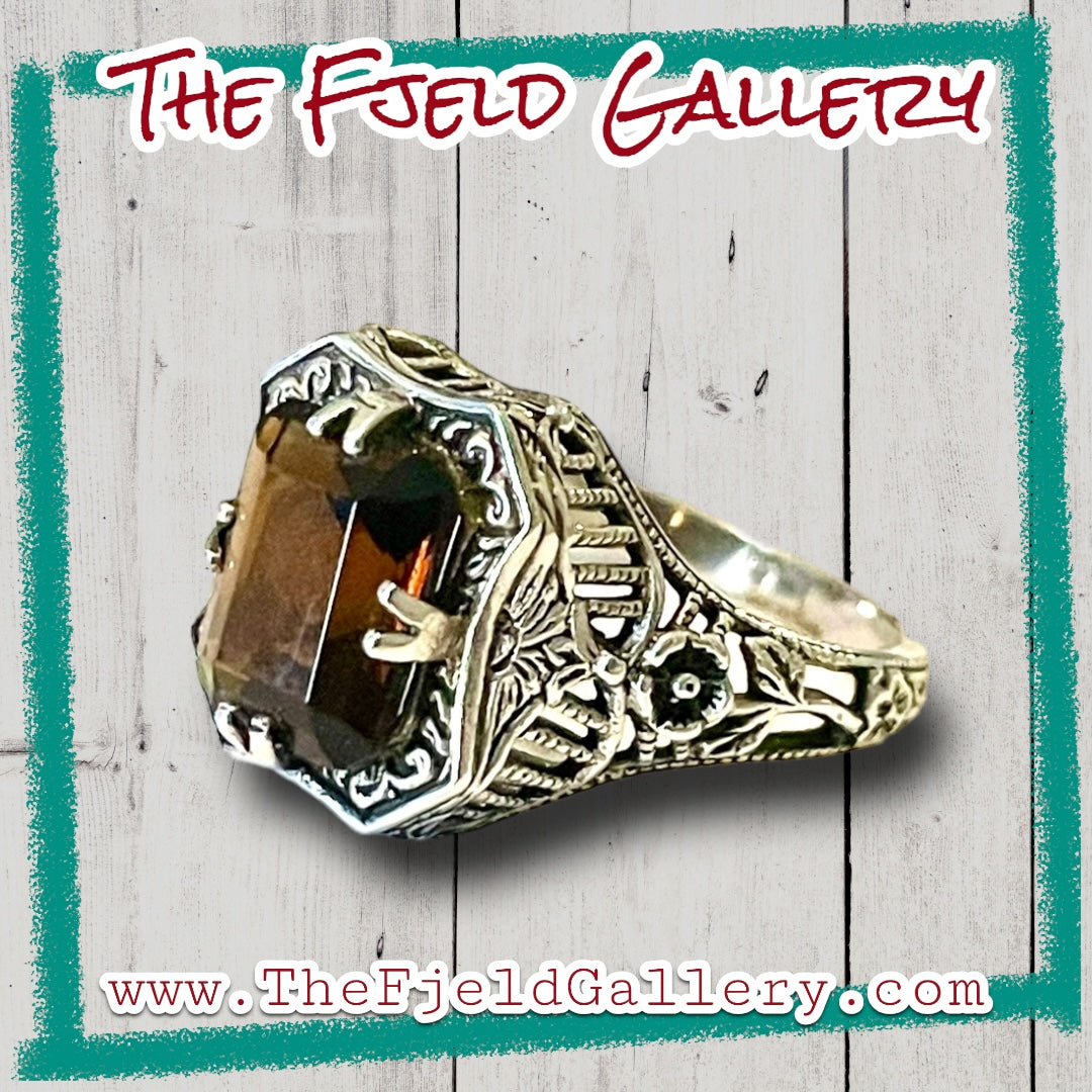 Brown Smokey Topaz Sterling Silver Victorian Filigree Ring